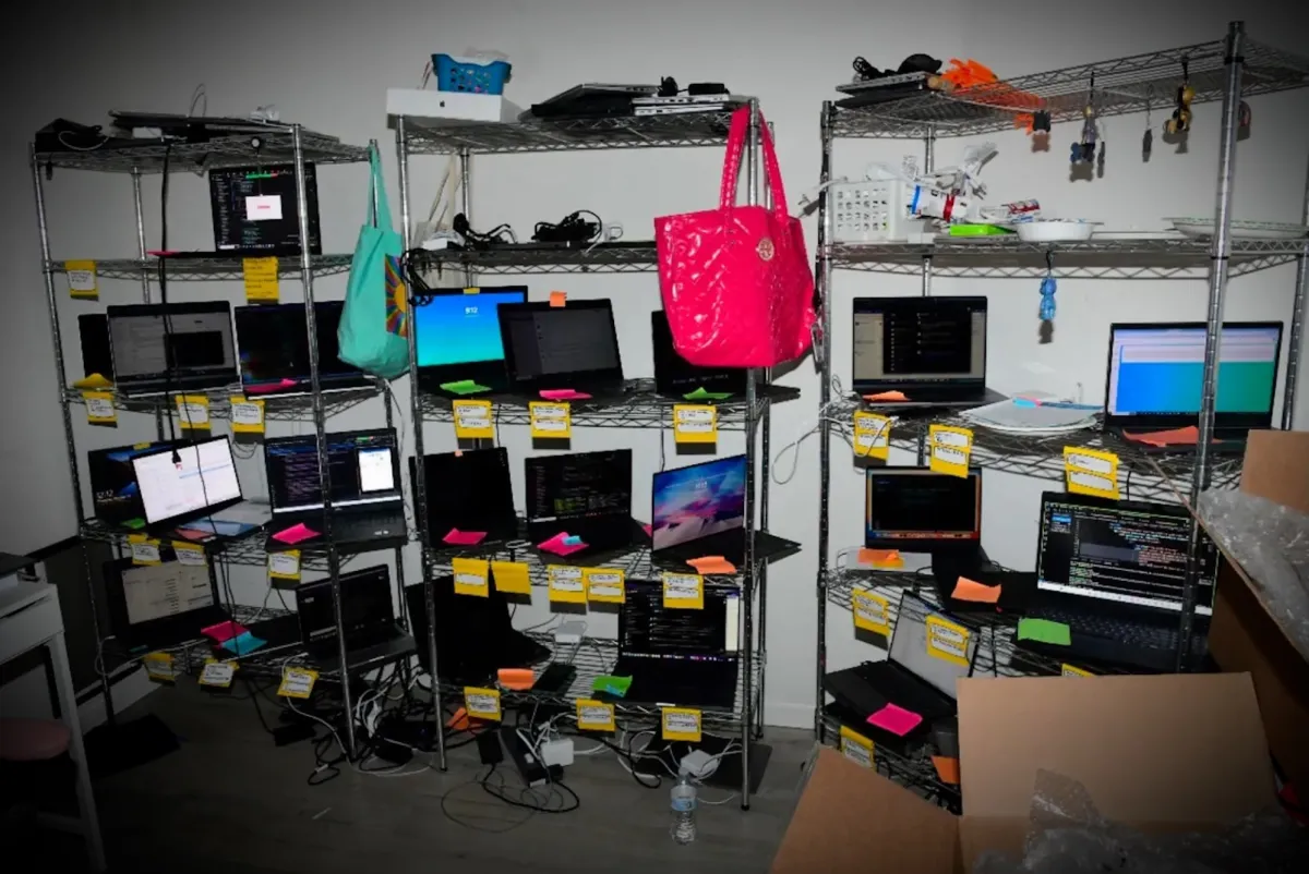 a photo of a laptop farm, in the case of Christina Chapman, who was convicted for helping North Koreans gain employment at U.S. companies.