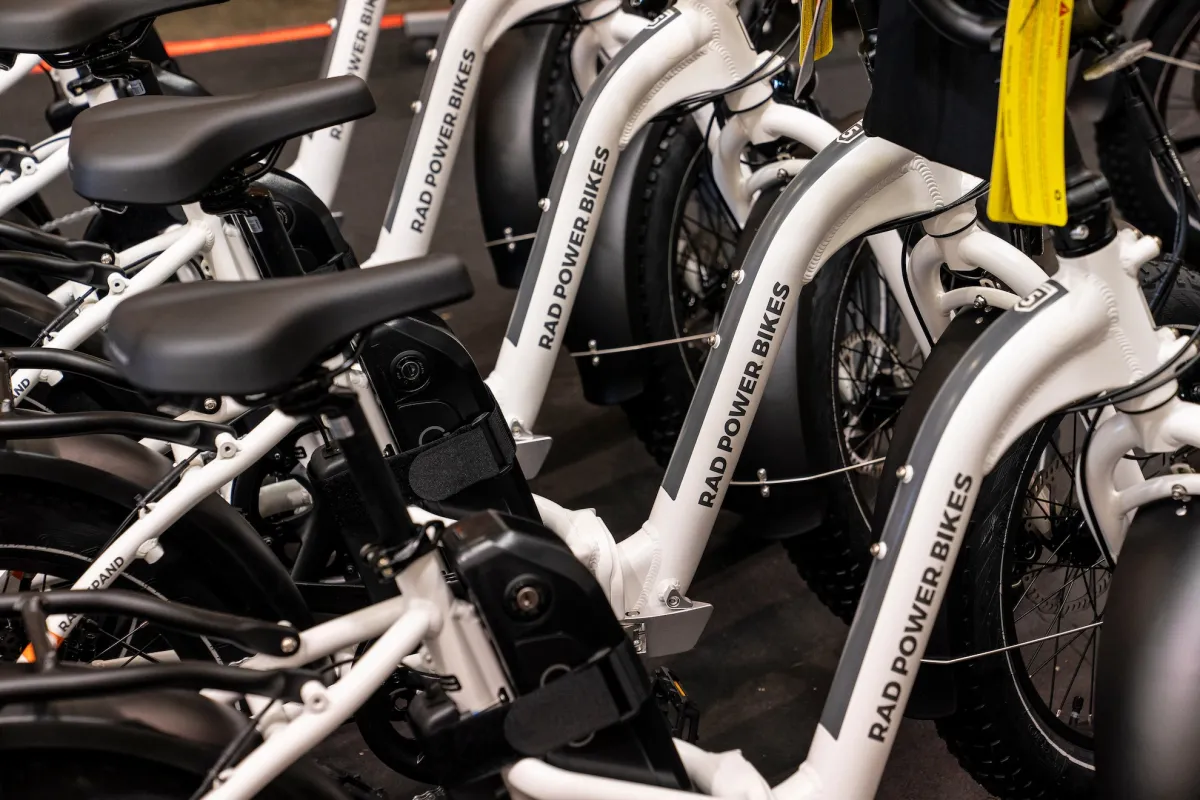 Stored e-bikes in a warehouse at Rad Power Bikes in Seattle.