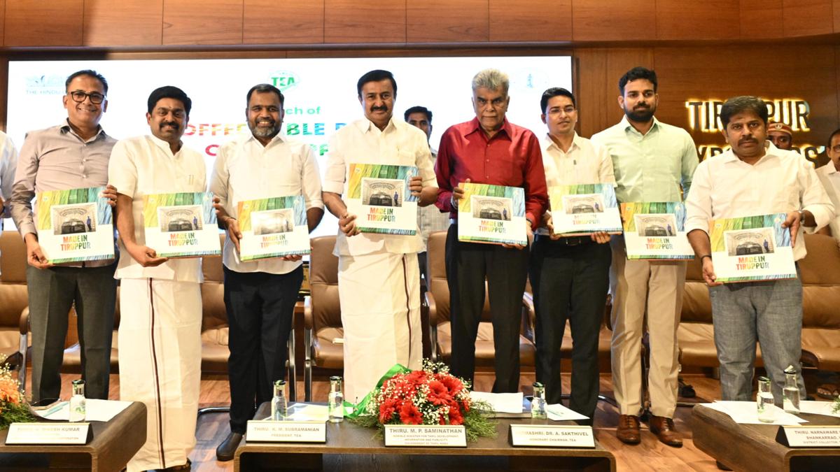 Minister M.P. Saminathan launches The Hindu’s coffee table book on Tiruppur’s development